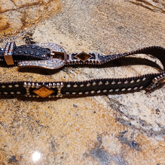 Buckle Bling Rhinestone Rose Gold Hardware Brown Snakeprint Leather Belt NEW - Picture 7 of 11